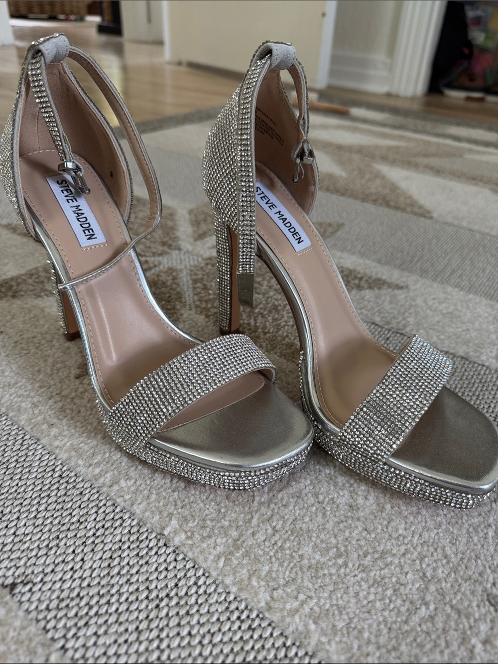 Steve Madden Silver Crystal Platform Ankle Strap Heels